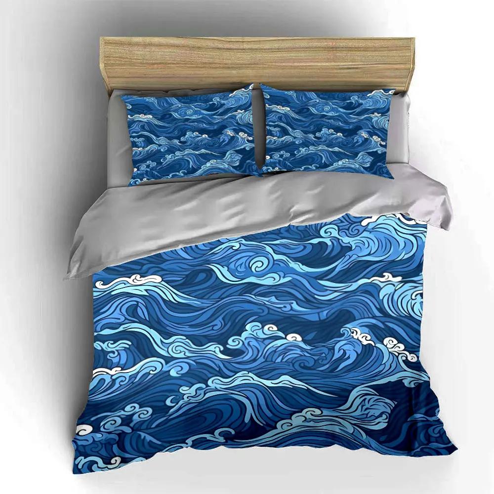 Ocean Waves Decorative Set Bedding Set with 1 Duvet Cover 2 Pillowcases Single Double King Queen Gift