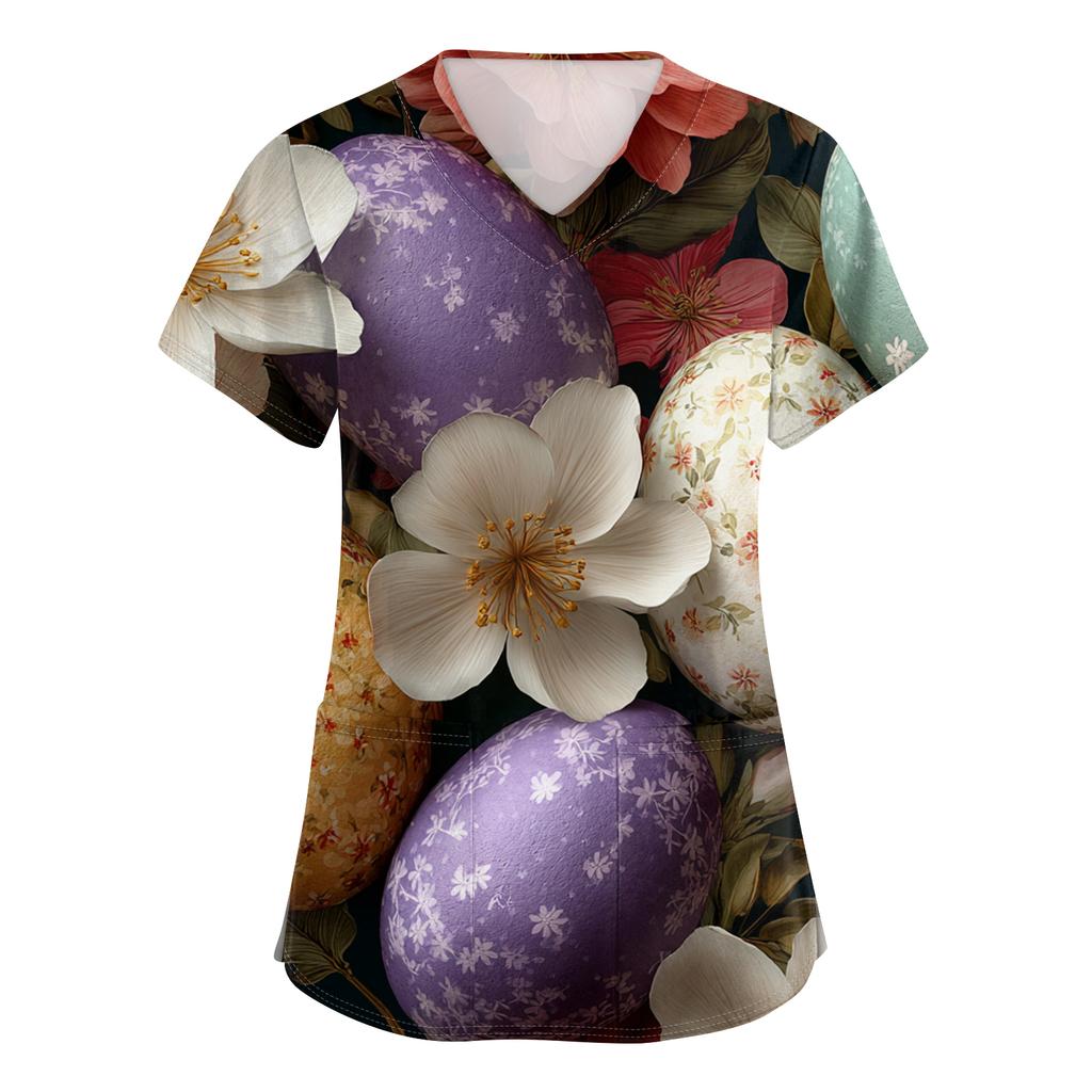 Damenmode V-Ausschnitt Kurzarm Arbeitskleidung Mit Taschen Osterdruck Oberteil Pflegekraft Uniform