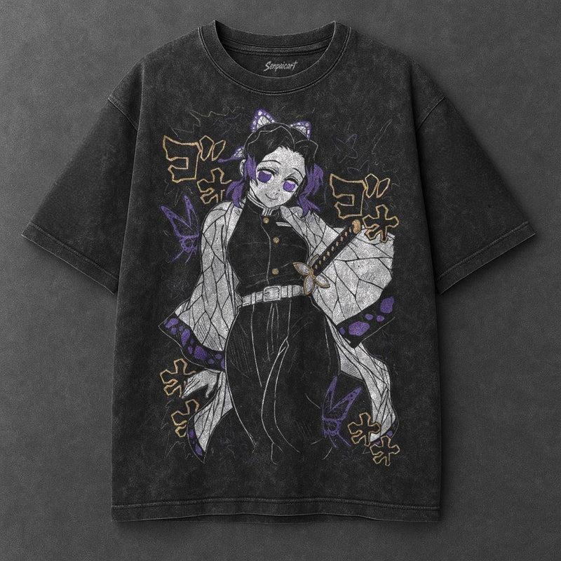 Manga Demon Slayer Kochou Shinobu Printed Tee Men Women Clothing Washed Cotton T-shirt Vintage Oversized T Shirt Harajuku Tshirt
