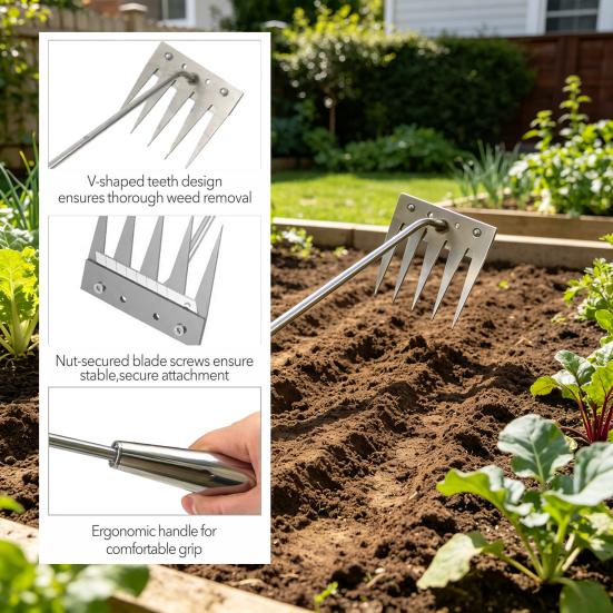 Stainless Steel Weed Remover Tool 5 Teeth Manual Weed Tool Ergonomic Handle Weed Removal Tool for Gardening Backyard Yard Farm Planting Weeding and