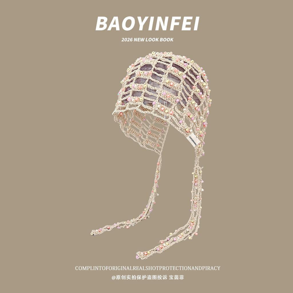 Hand-crocheted beaded tassel hollowed-out head hat women's summer thin breathable face small ethnic style pullover hat
