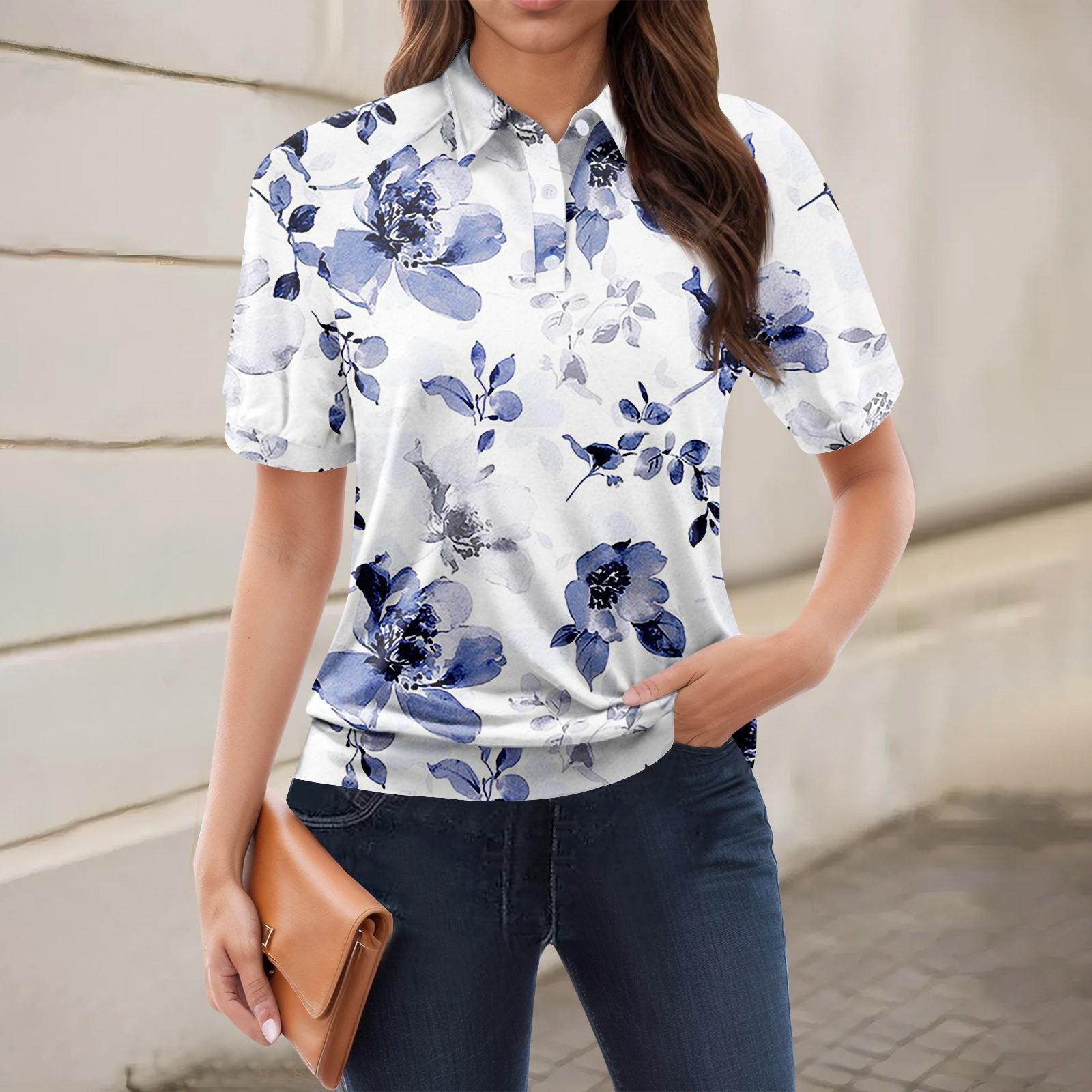 

Женская повседневная футболка с v-образным вырезом и коротким рукавом с цветочным принтом и декоративными пуговицами, топ XXL синий