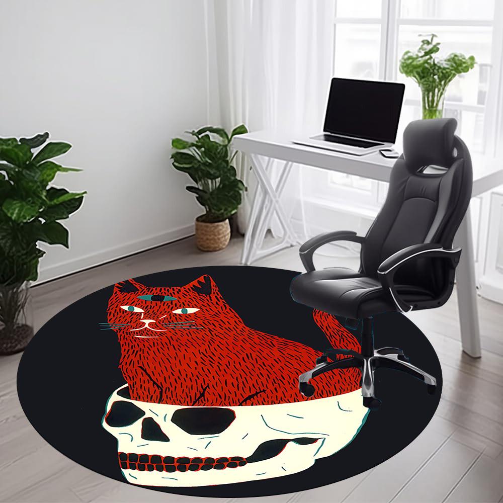 1PC Cat Skull Office Round Area Rug, Mat Suitable For Office, Under Office Chairs Bedroom Living Room Home Decor, Room Deco