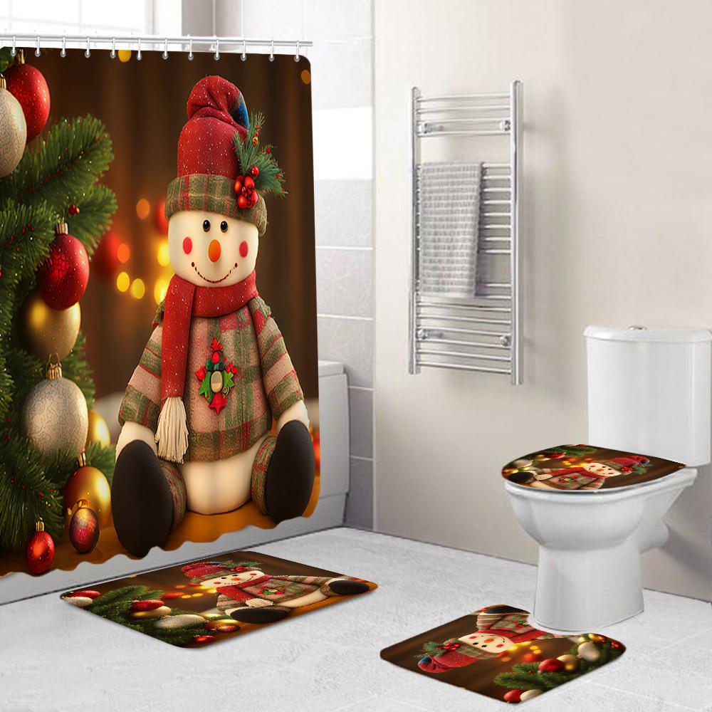 Christmas Toilet Cover Shower Curtain Floor Mat Set Santa Carpet Door Mat Foot Mat Non-Slip Mat