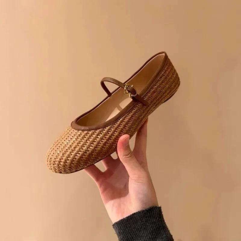 

Женские модные туфли на плоской подошве, осенние, новые, с круглым носком, с неглубоким горлом, с пряжкой из соломы, плетеные из соломы, дышащие, с мягкой подошвой 40 коричневый