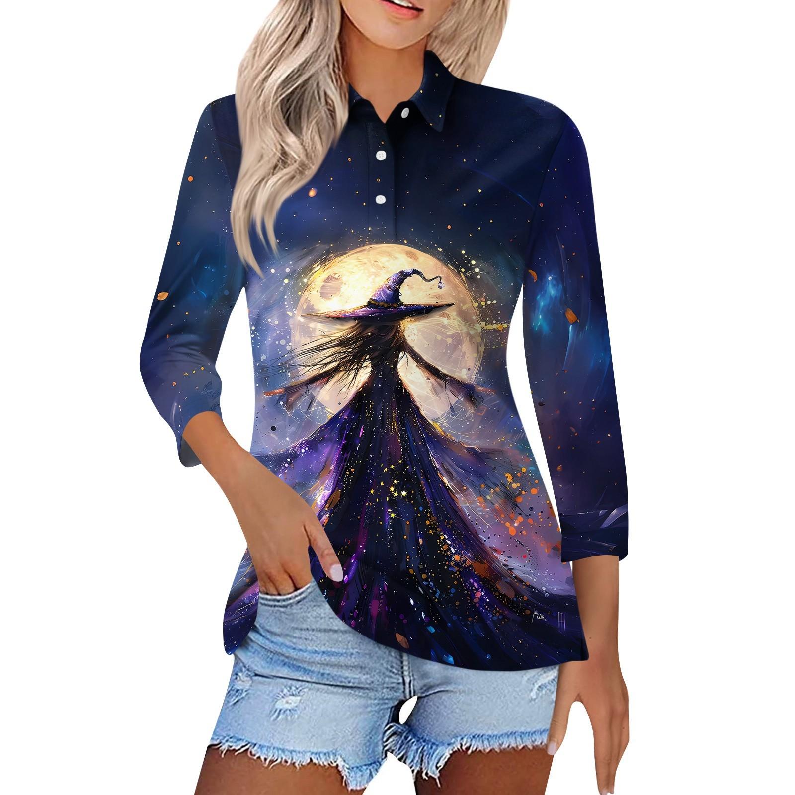 

Женская модная повседневная рубашка с лацканами и рукавом 3/4 с принтом на Хэллоуин, женские топы на пуговицах S