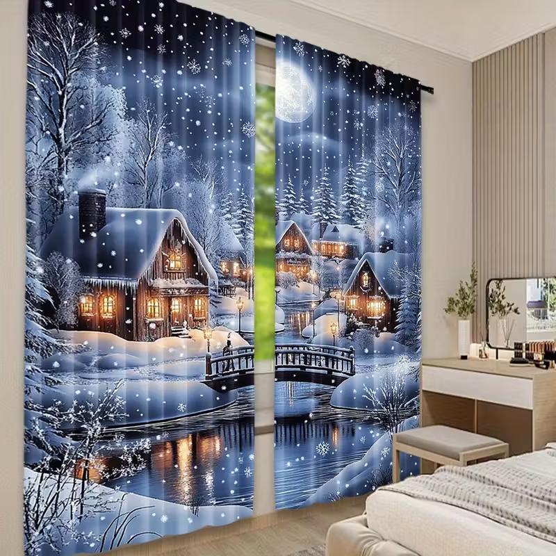 2pcs Snowy Cottage Christmas Curtains Cozy Design Polyester Window Decor for Holiday Living Room Bedroom Rod Pocket Curtains