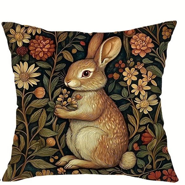 Vintage Floral Animal Print Throw Pillow Covers,Polyester Zippered Cushion Cases with Squirrel, Deer, Rabbit, Fox Designs