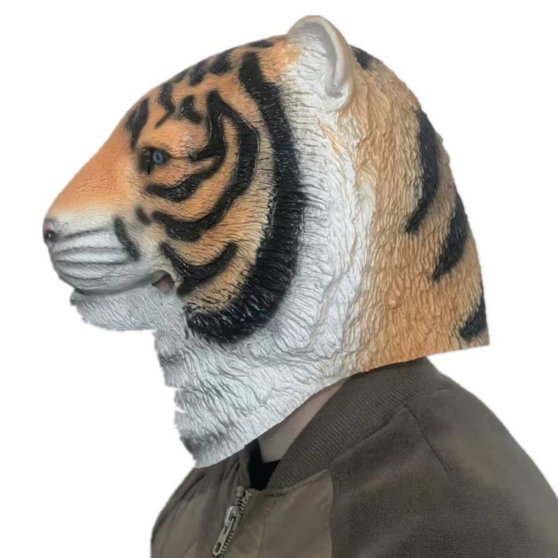 Latex Tiger Mask - Zodiac Animal Halloween Party Headgear for Year of the Tiger Performances.