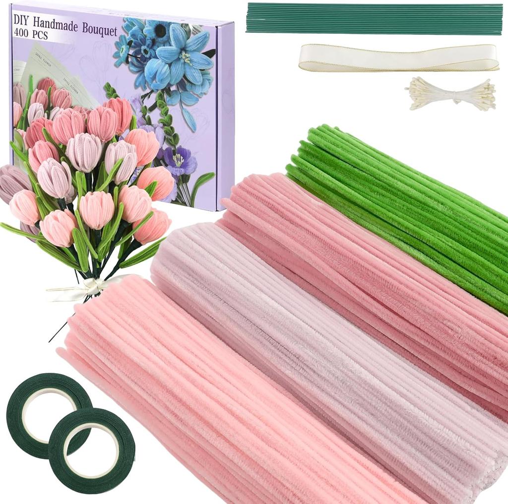 400 Pcs Pipe Cleaners Craft,5 Assorted Colors Pipe Cleaners Bulk, Chenille Stems for DIY Flower Making Kit with Floral Wires, Gardening Tape,Stamen