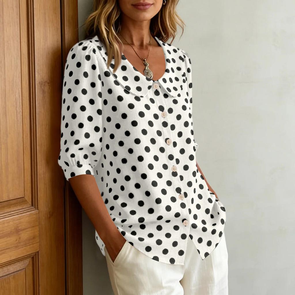 Damen Lässige Lockere Passform V-Ausschnitt Bluse mit Polka-Dot-Print Langarm Leichtes Hemd Oberteile für den Alltag