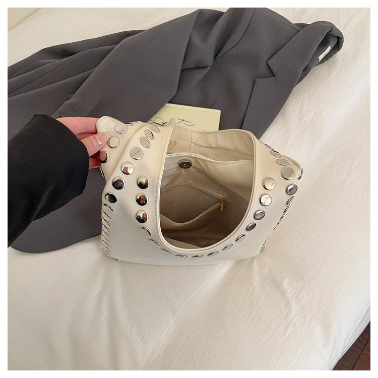 Trendy Retro One-Shoulder Rivet Bag with Textured Design