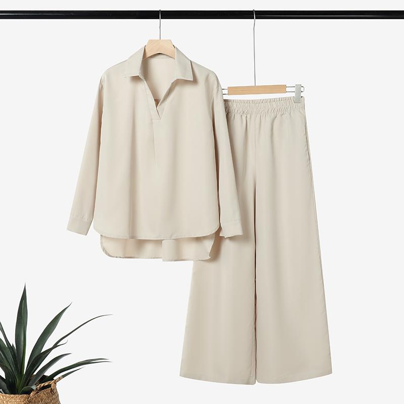 

ZANZEA Женская блузка с длинными рукавами и брюки повседневные комплекты из двух предметов S бежевый