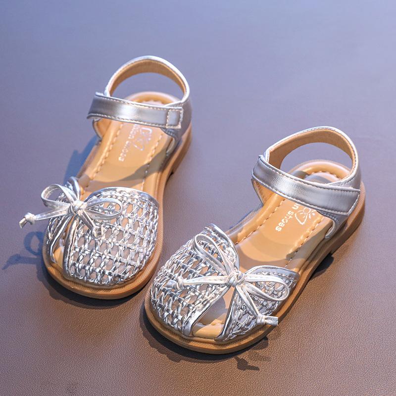 Girls Half Sandals Weave Trendy Soild Color Children Princess Shoes with Simple Bows 2025 Summer New Kids Beach Shoes Non-slip