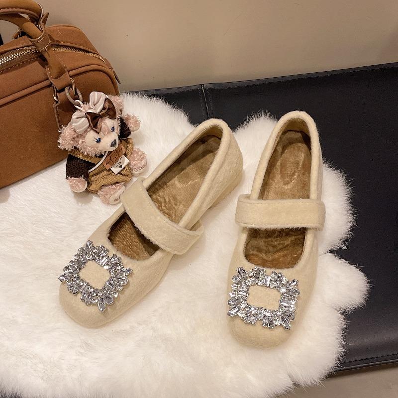 Women's Elegant Square Head Shallow Mouth Hairy Single Shoes Autumn Warm Comfortable Versatile Plush Mary Jane Cotton Shoes