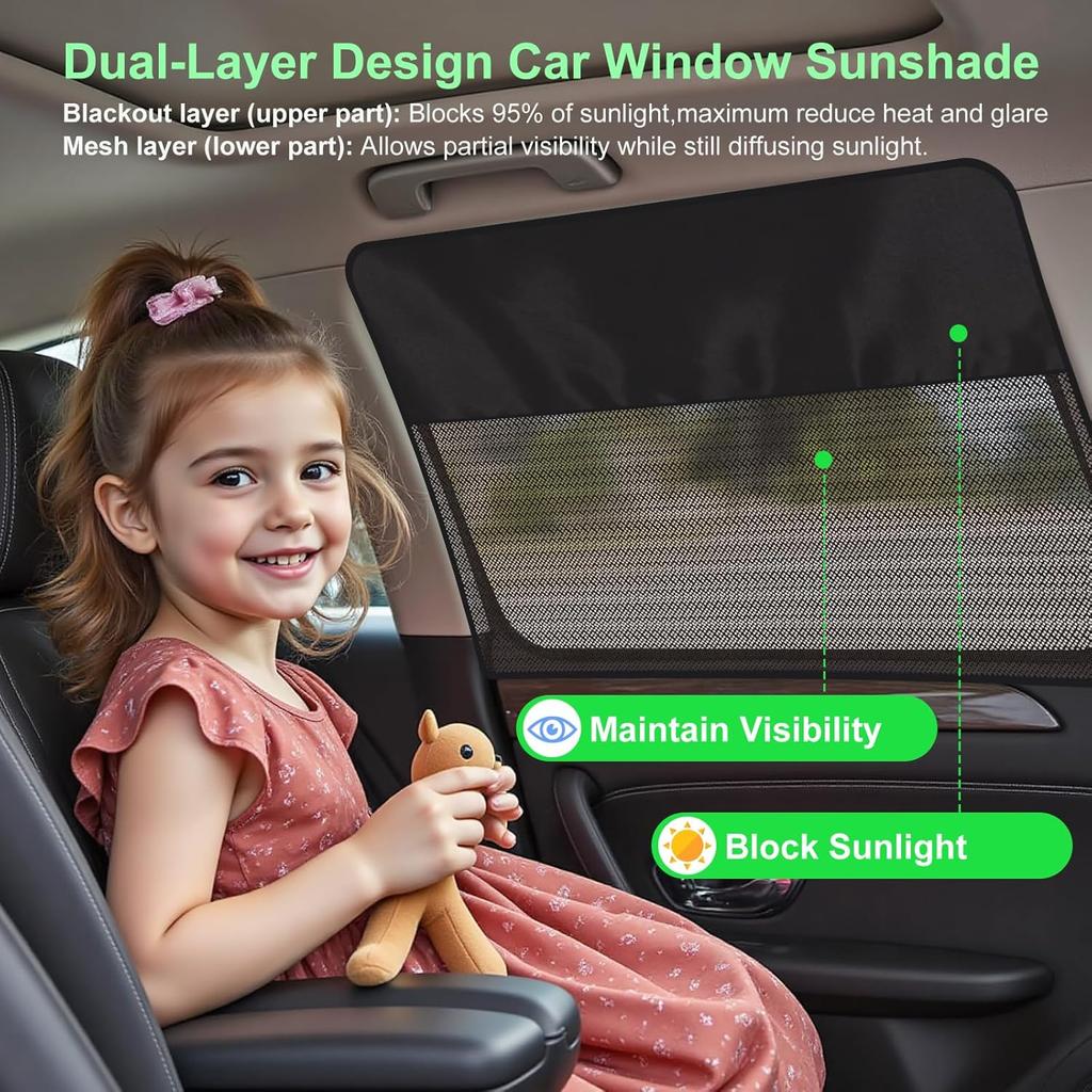 Rear Window Sun Shade, 2 PCS Magnetic Double Layer Car Side Window Sun Shades For Baby, Half Blackout & Half See-Through Back Window Covers For Sun &