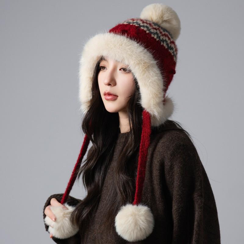 Womens Cute Knit Beanie With Pom Winter Warm Hat Large Head Windproof Earflap Cap