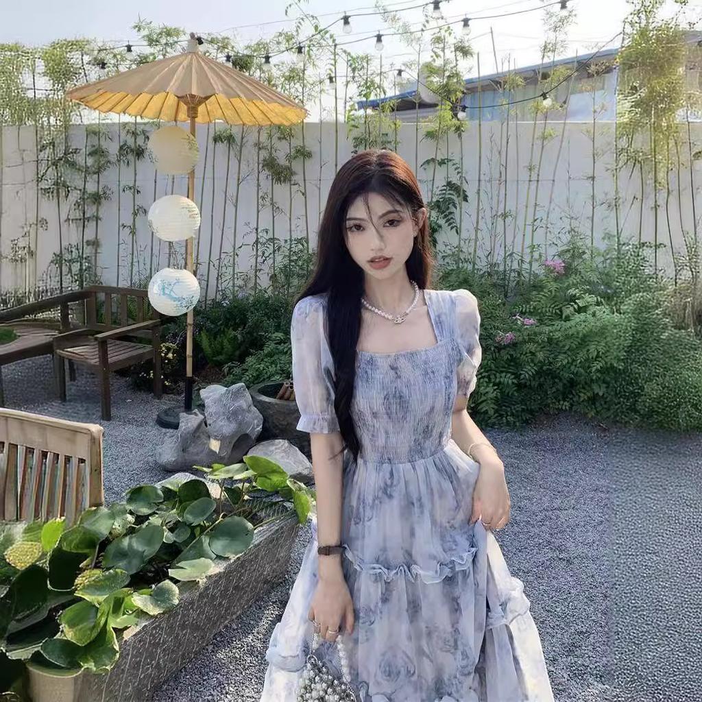 Retro square collar floral dress women's summer new super fairy Mori waist thin fungus edge long skirt
