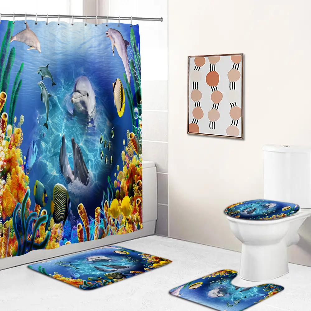 Ocean Creature Fish Dolphin Printed Shower Curtain Set With Rugs Waterproof Bathroom Curtain Anti-Slip Toilet Carpet Home Decor