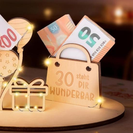 Drewniany uchwyt na pieniądze urodzinowe na prezent gotówkowy 18. 30. 40. 50. 60. Urodziny Stojak na pieniądze na prezent Niespodzianki dla Niej Niego