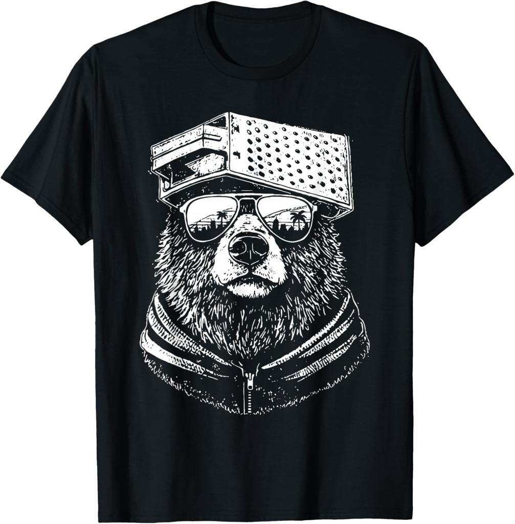 Retro Bear with Cheese Grater Hat and Sunglasses Vintage T-Shirt