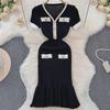 Contrast Color V-Neck Knitted Fishtail Dress