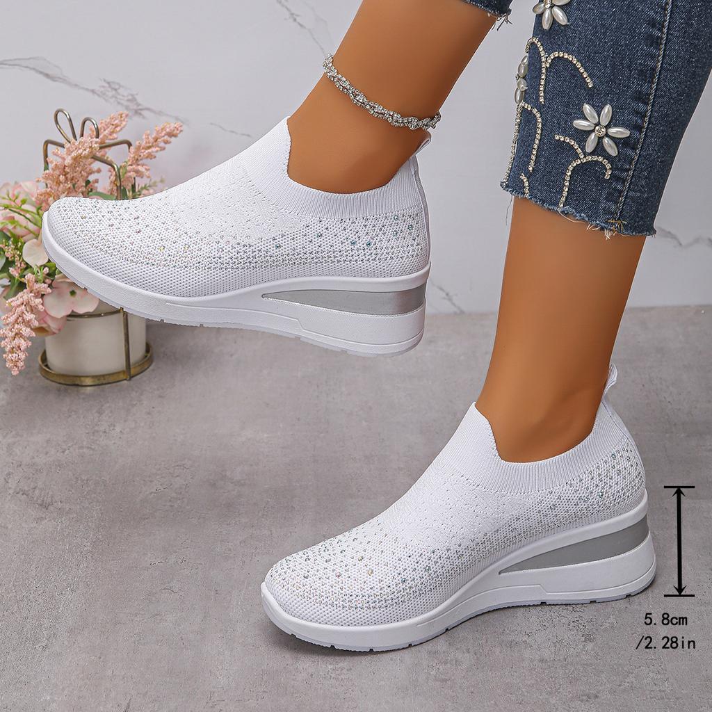 Women's Slip-On Crystal Sneakers Breathable Knitted Plus Size 36-43Casual Wedge Running Shoes Women Comfort Sports Walking Shoes