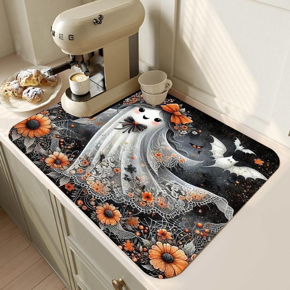 Halloween Black Cat Super Absorbent Kitchen Mat Drying Mat Quick Dry Drain Pad Tableware Mat Non-slip Dinnerware Coffee Placemat