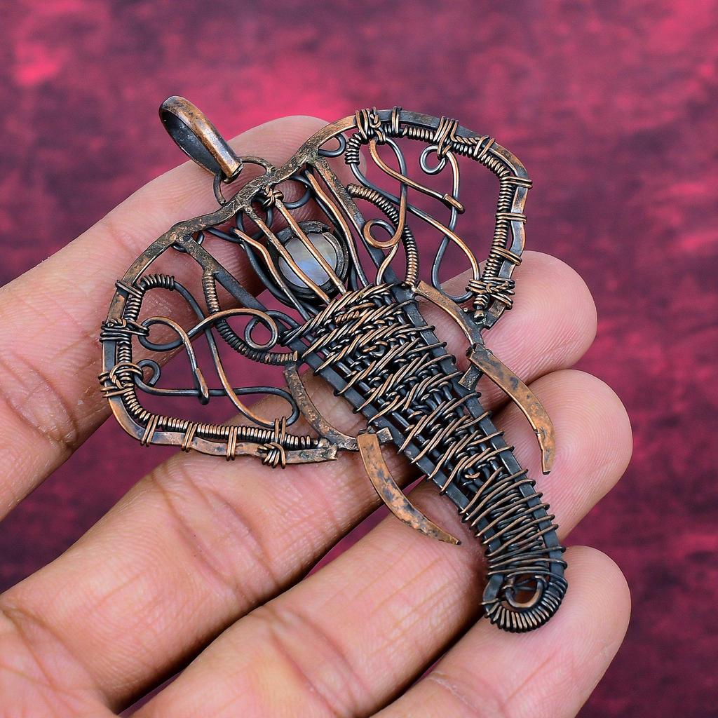 Rainbow Moonstone Pendant Copper Wire Wrapped Elephant Jewelry Gemstone Pendant