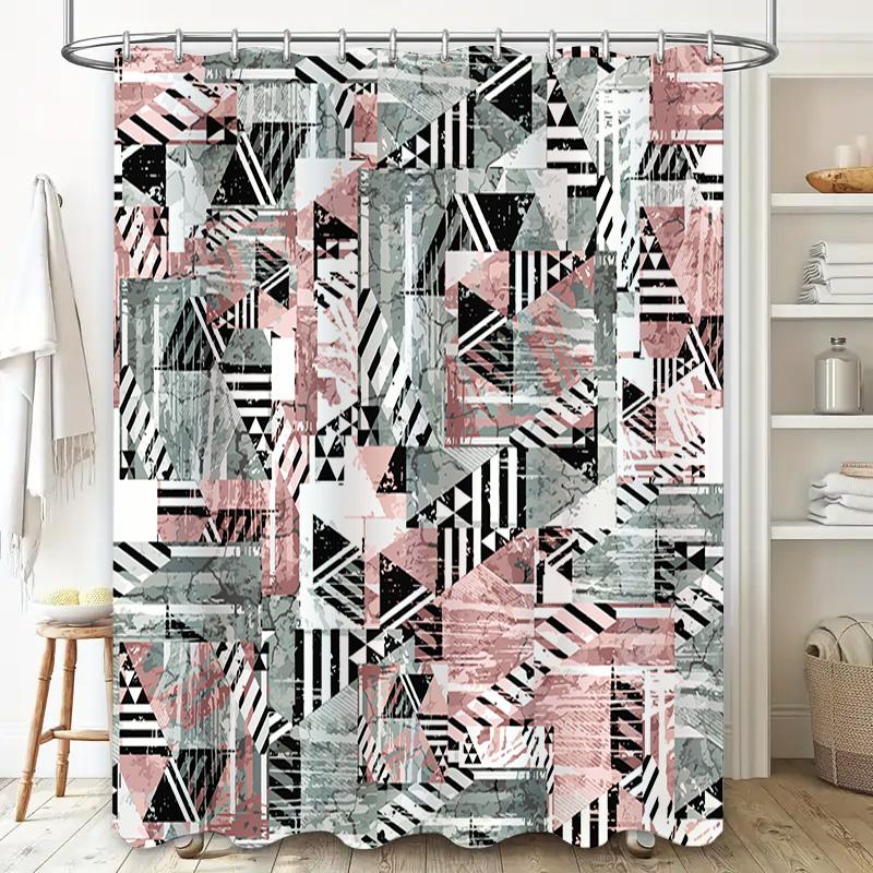 Geometric Pattern Shower Curtain Decorative Waterproof Bath Rug Liner for Home Bathroom Accessories In Pink Black