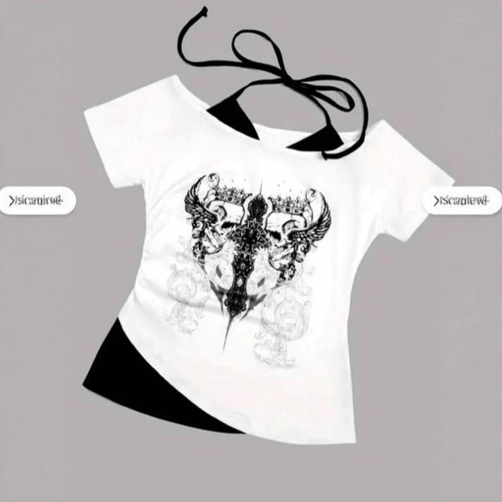 2026 Cross-border Sweet and Spicy Patchwork Punk T-shirt for Women - Irregular, Versatile Short-sleeved Top
