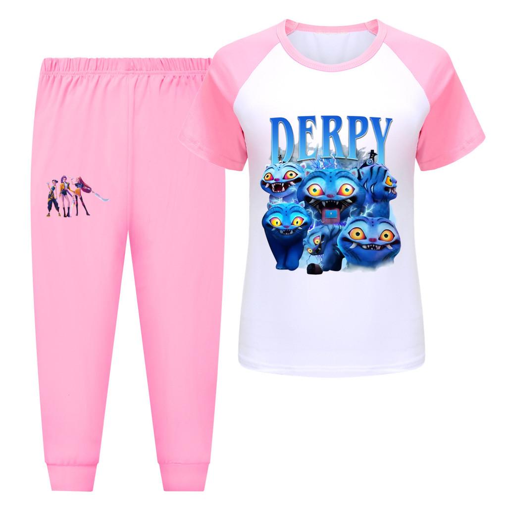 

4874 Kids Girls Rumi Zoey Mira Hunters Print T-shirt Pants Trouser Clothes Set 170cm рожевий