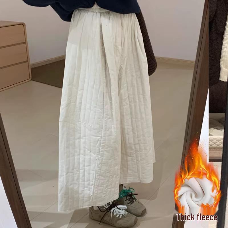 Women's Autumn/Winter 2025 Coffee Quilted Wide-Leg High-Waisted Culottes Skirt - Plus Velvet, Slimming, Thickened, Three-Quarter Length.