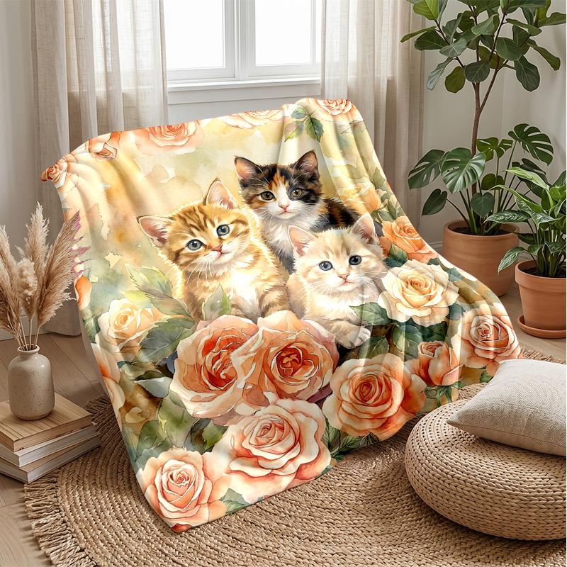 Kittens Among Purple Flowers Theme blanket Lightweight Warm Flannel Blanket Decorative Throw Blanket for Home Decoration