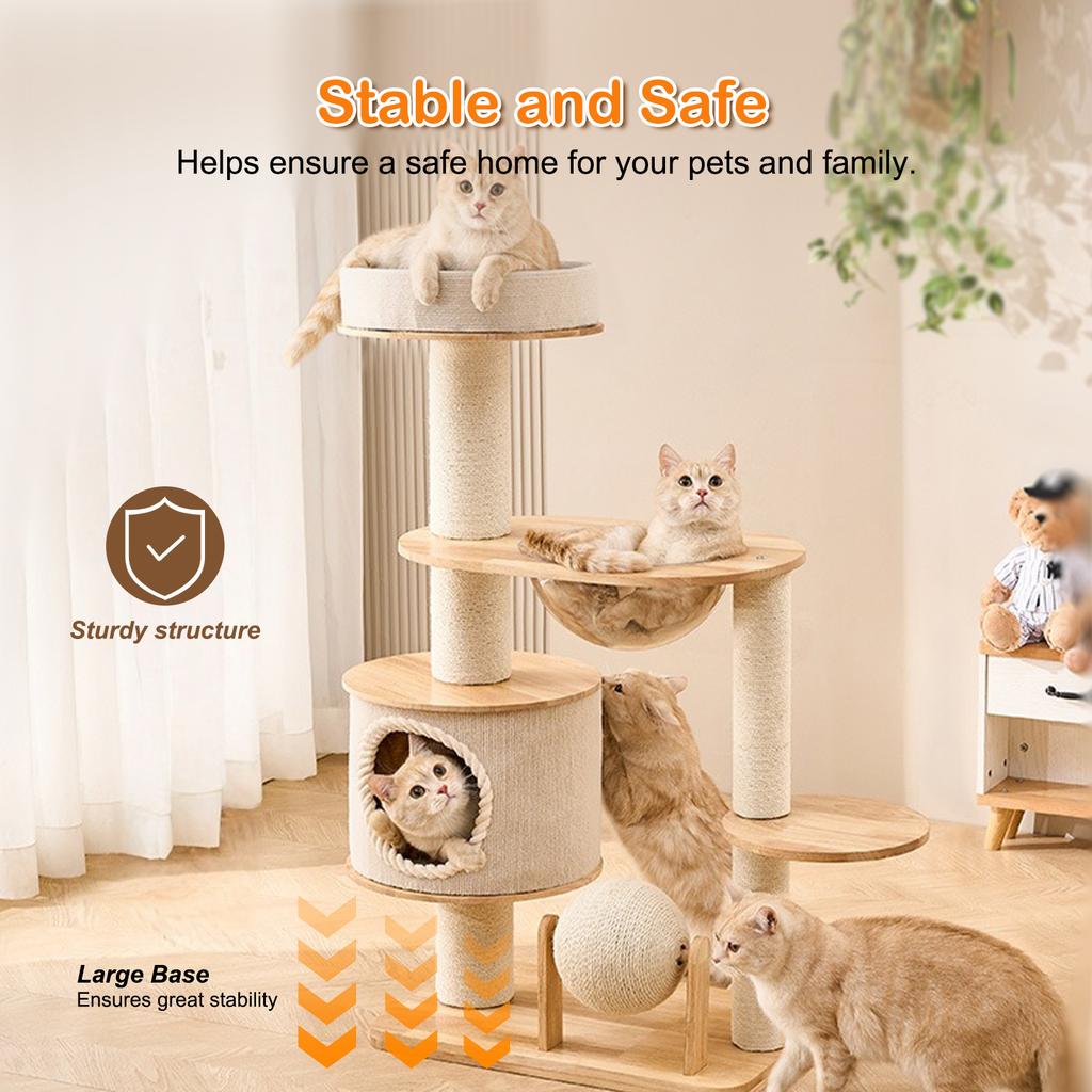Large Cat Climbing Frame Multi-Level Solid Wood Cat Tower with Scratching Posts Integrated Kitten Furniture Activity Gym Center