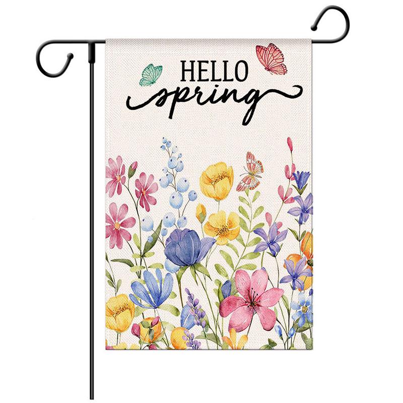 Floral Welcome Garden Flag Double Sided Spring Outdoor Decorative Linen Yard Banner with Letter Print for Porch and Patio