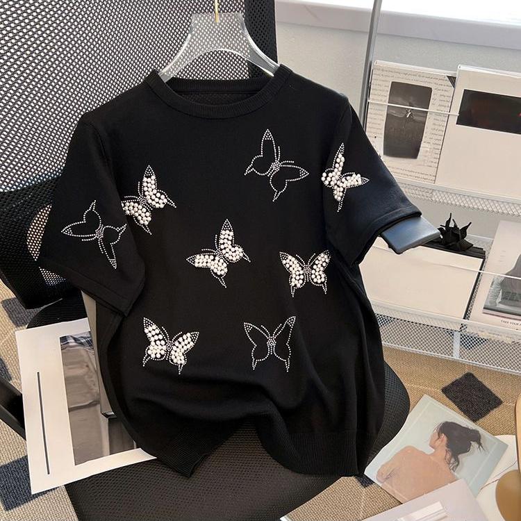 Manga curta de malha camisetas femininas verão pulôver topo solto chique borboleta prego grânulo moda casual macio roupas femininas