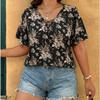 Big Size V-neck Lace-edged Ruffled Sleeve Chiffon Blouse with Loose Short-sleeved T-shirt
