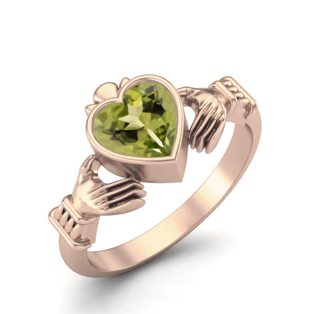Irish Claddagh 6mm Heart Peridot 925 Sterling Silver Rose Vermeil Solitaire Women Promise Ring