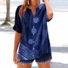 Women's loose printed stand collar short-sleeved cotton and linen top