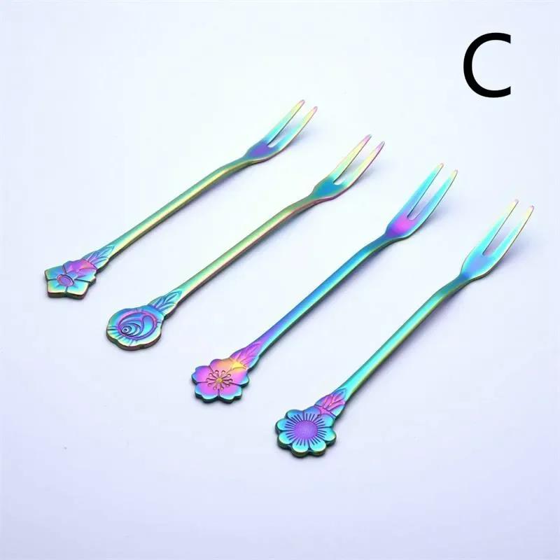 4PCS Criativo Aço Inoxidável Cabo de Flor Garfo de Sobremesa Dois Dentes Garfos de Fruta Doméstico Bolo Sobremesas Bolo da Lua Arco-Íris Garfos