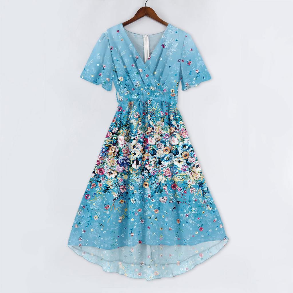 Rochii de damă la modă, casual, cu gât în V, mânecă scurtă, cu volane, vintage, cu imprimeuri