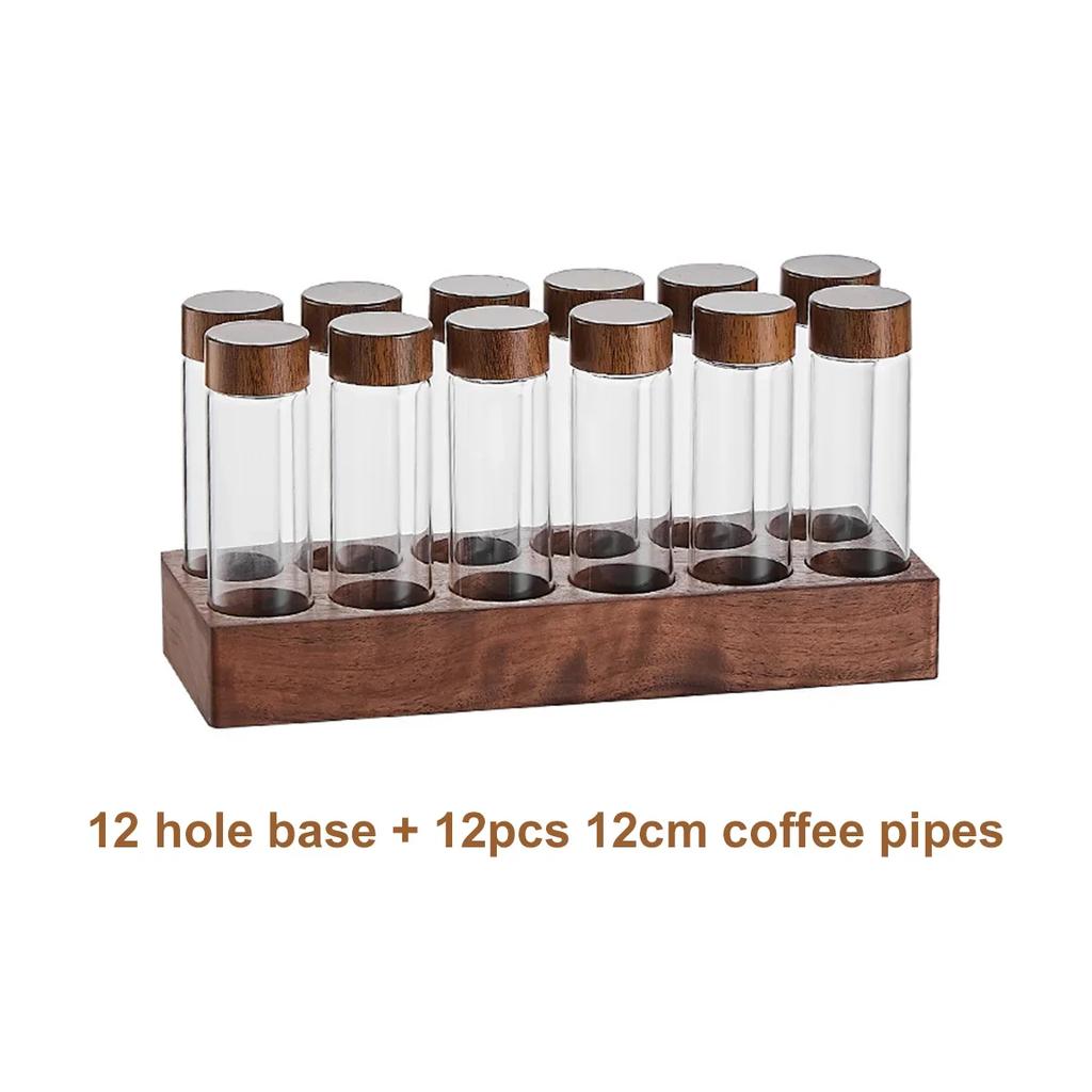 Coffee Bean Storage Tubes with Wooden Stand and Lids, Dosing Glass Vials for Coffee Storage, Espresso Bean Canisters Cellars Set