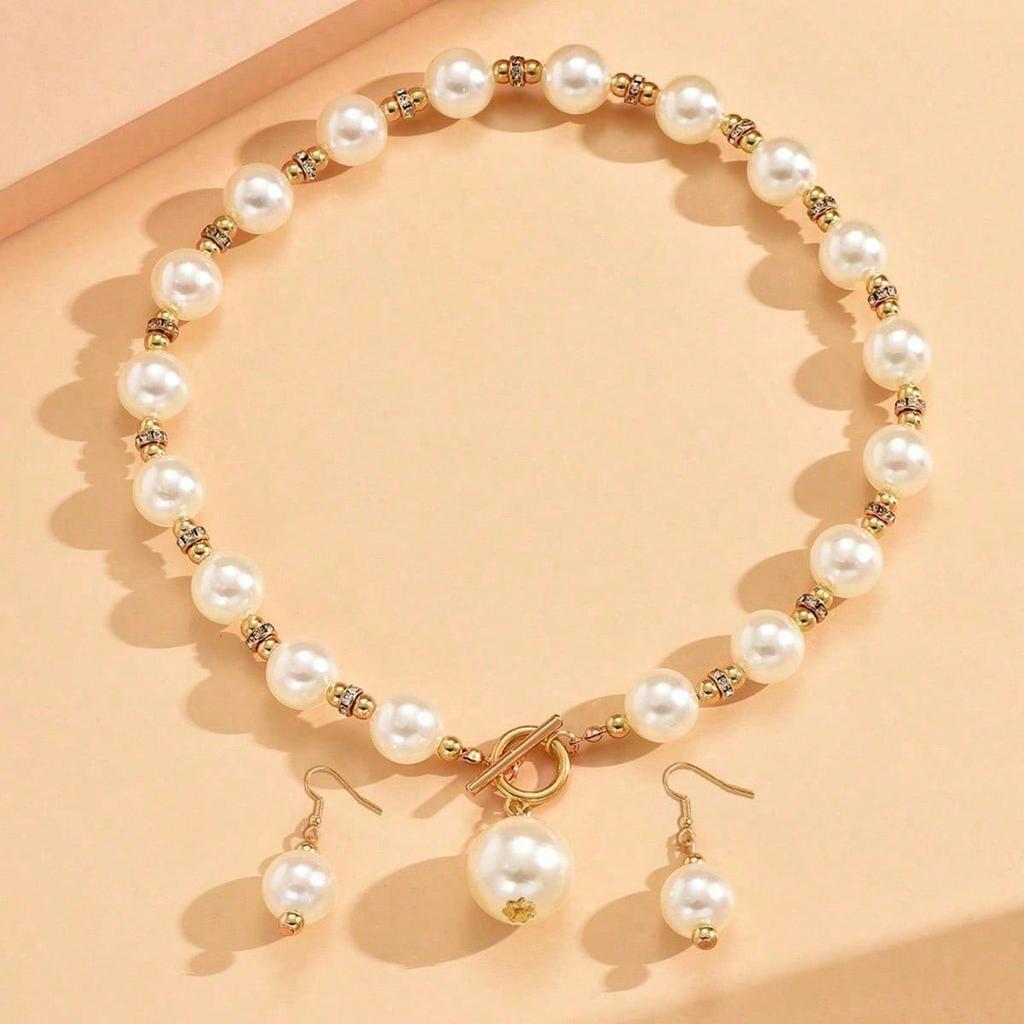 1pcs Light Luxury Gold Imitation Pearl Earring Necklace Set, High-end Clavicle Chain Fashionable Women's Style