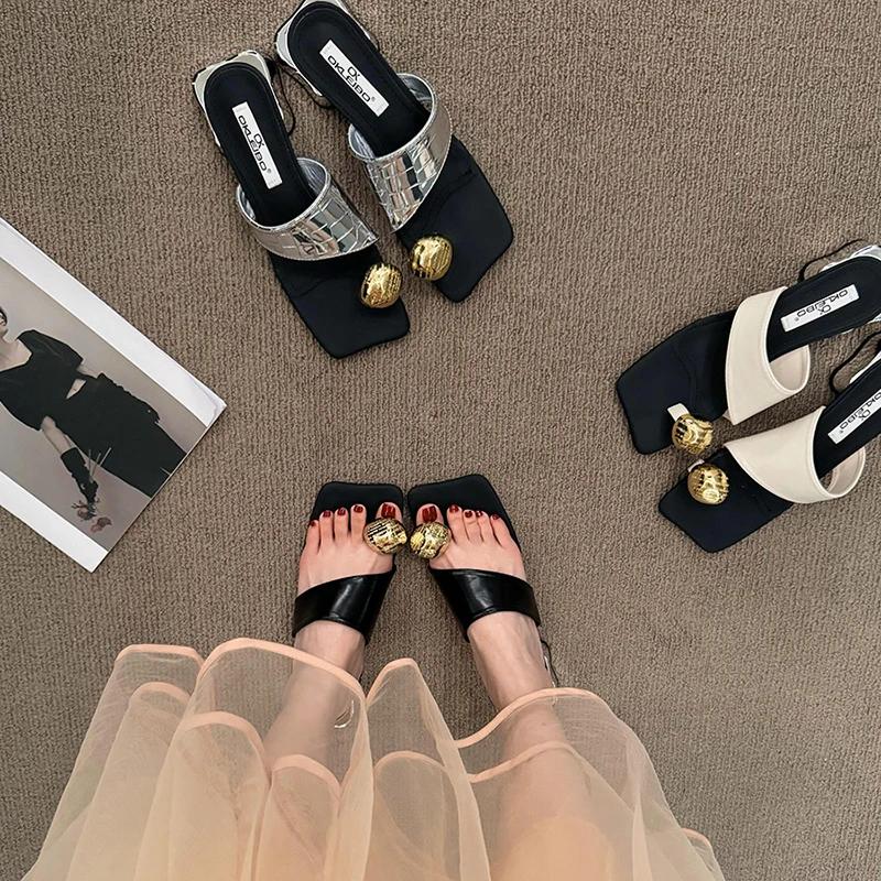 Summer Slippers Women's Metal Decorative Stiletto Heels Sliding Outdoor Dress Party Flip-flops Clip Toe Sandals