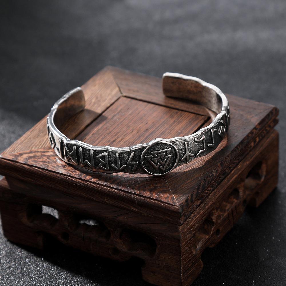 Vintage Viking Runes Open Cuff Bracelet Odin Mythology Themed Mens Jewelry