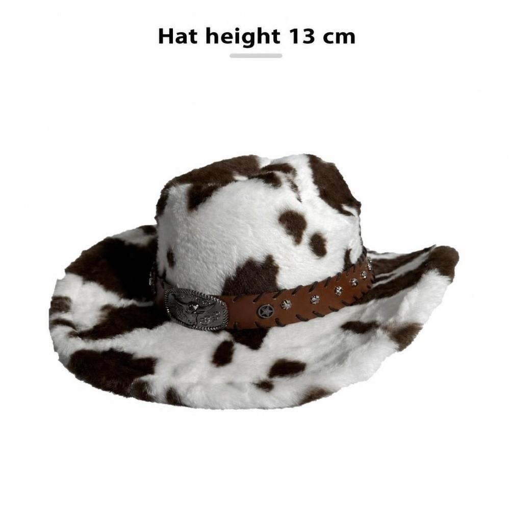 Wide Brim Cow Print Hat Leather Strap Western Cowboy Hat Retro Plush Cowboy Hat Outdoor Travel