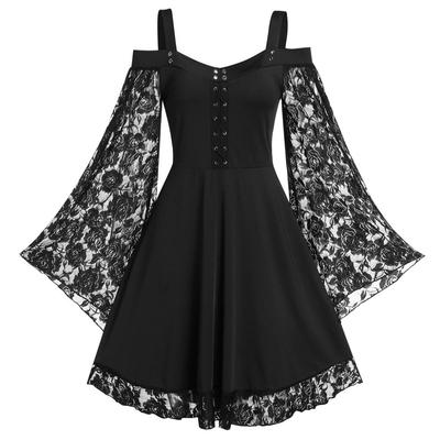 (L-5XL) Damen Gothic Kalte Schulter Lange Ausgestellte Ärmel Taille Enges Bandage Partykleid