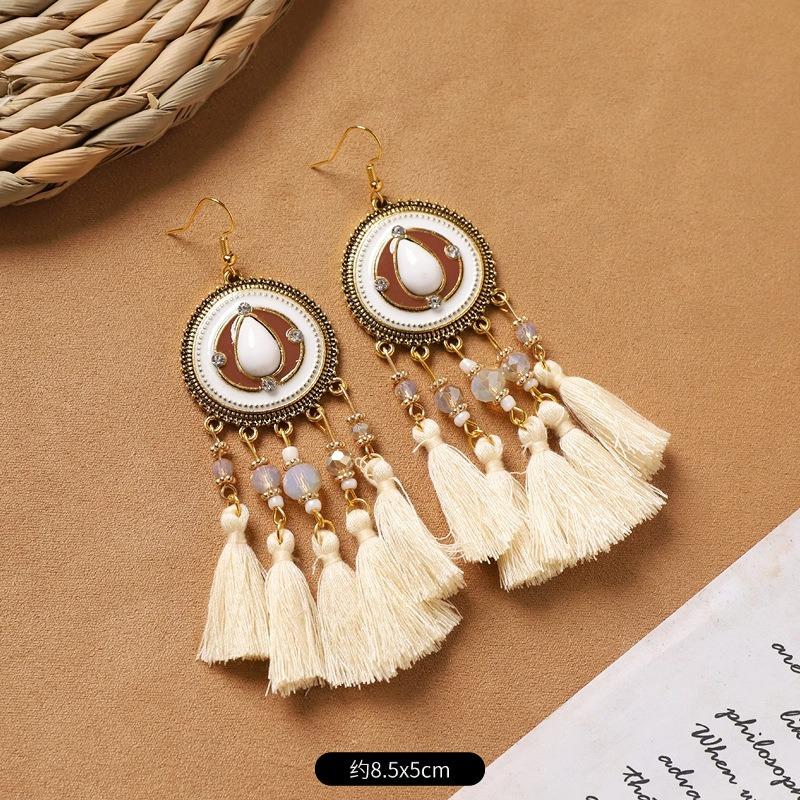 Bohemian Feather Earrings White Long Vintage Personality Tassel Women's Holiday Earrings