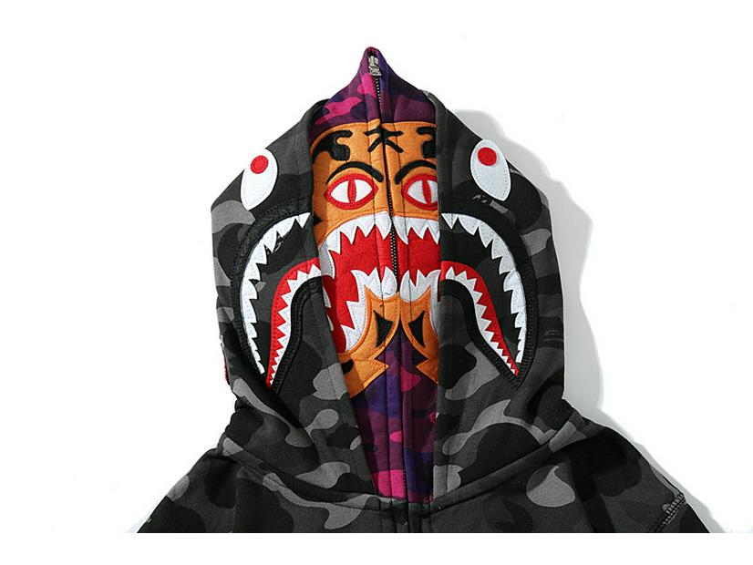 Camouflage Shark Tiger Head Double Hoodie Men's Winter Plush Zipper Jacket